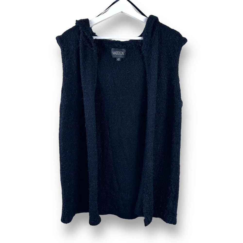 Maddison‎ Women's L Open Front Hooded Sweater Vest Black Cozy Eyelash Knit Layer